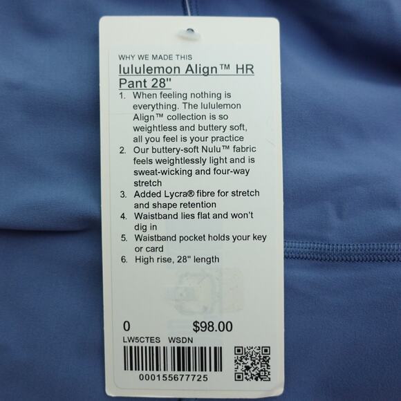 New Lululemon Size 0 Leggings Align HR Pant 28" WSDN Washed Denim $98 - Picture 6 of 6